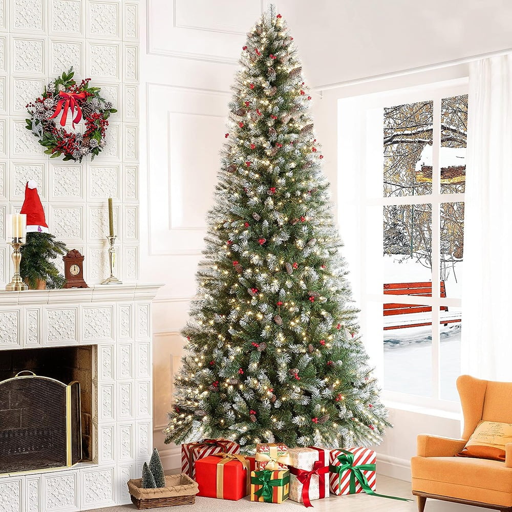 Vancouver 9ft Frosted Prelit Artificial Christmas Tree with Pine Cones, Faux Berries, Foot Pedal, 2128 Branch Tips, 900 Warm Lights and Metal Stand, 59" wide Realistic Decorated Spruce Christmas Tree - Walmart.com